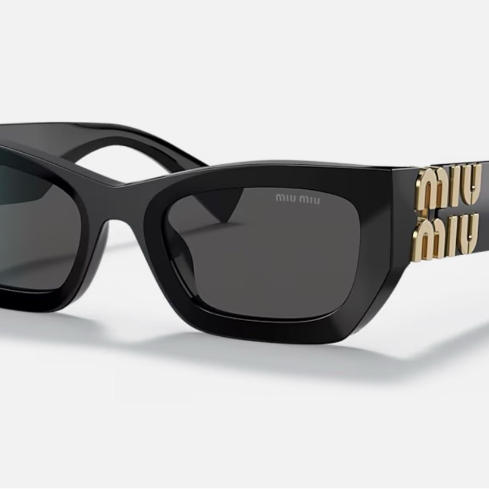 Miu Miu Glossy Black Cat-Eye Sunglasses with Gold Logo Temples